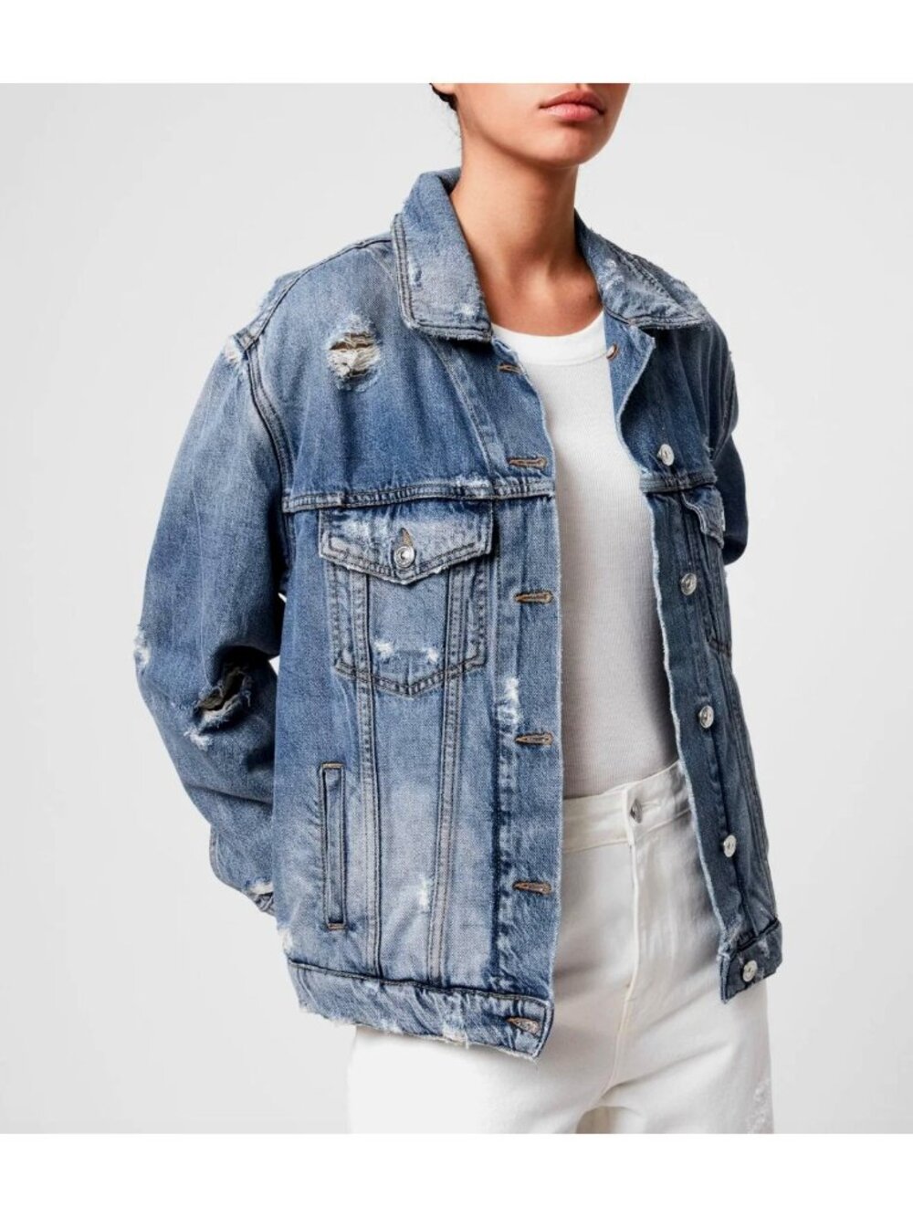 American Eagle AE Jean Denim Jacket Distressed Grunge Frayed Rips Tears Holes M